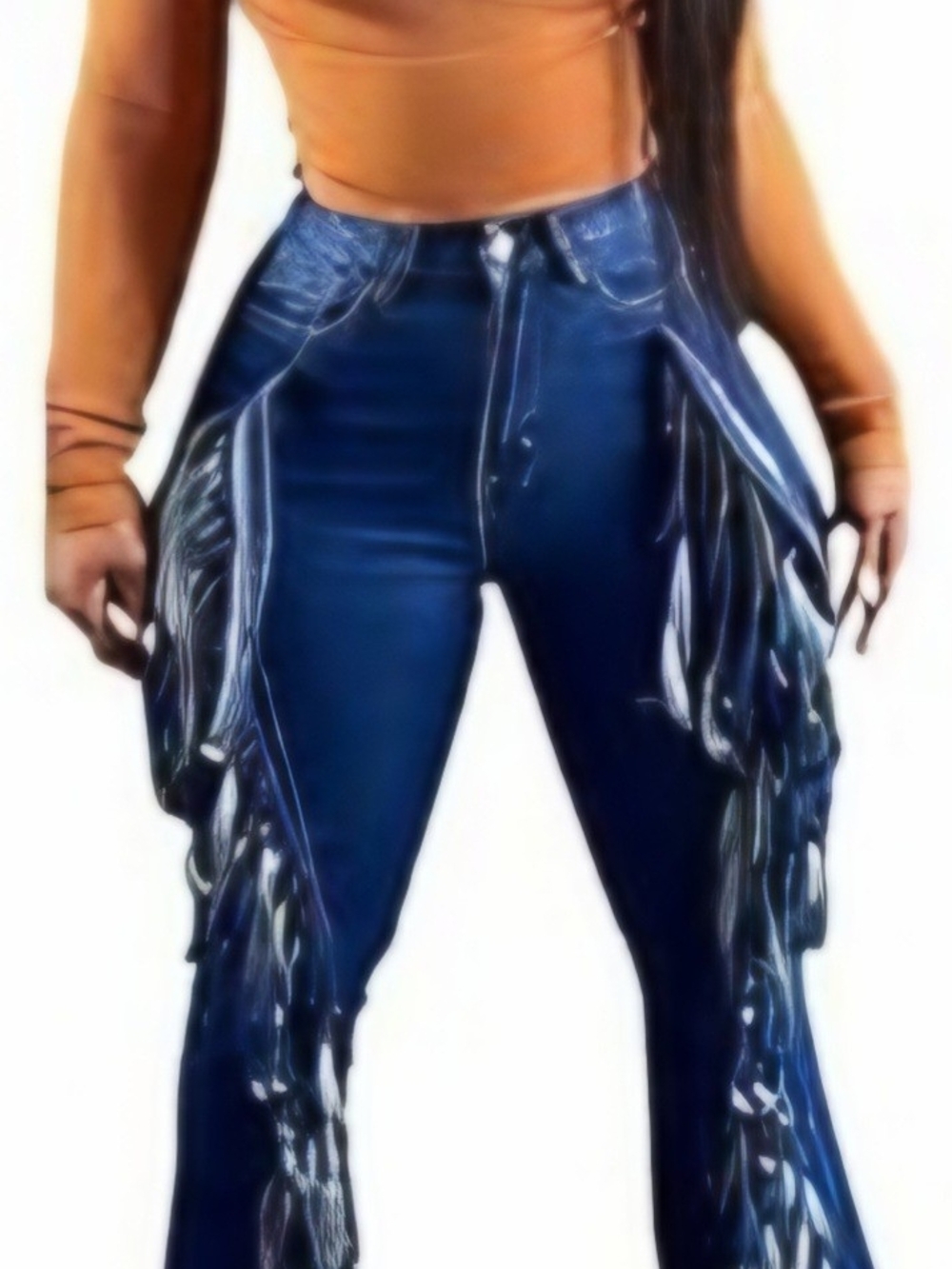 High-Waist Navy Fringe Wide-Leg Jeans